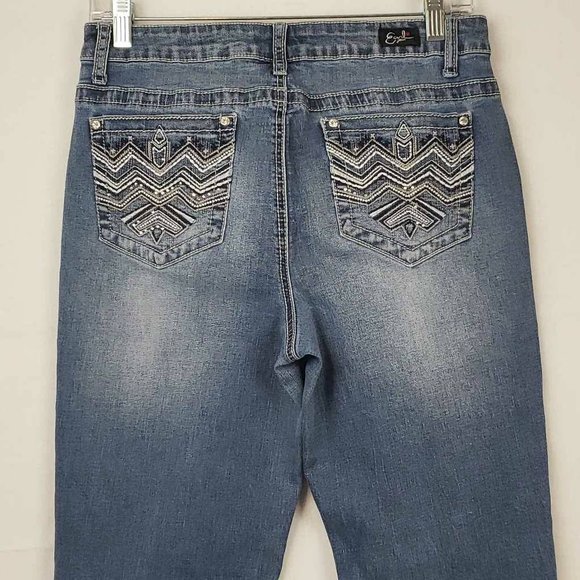 Earl Womens Boot Cut Jeans Blue Whiskered Embroidered Medium Wash Denim 10 - Picture 3 of 12